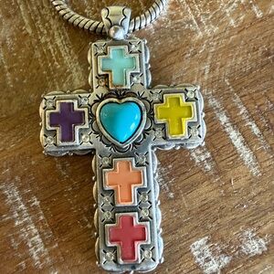 Brighton Loretto  Multicolor Enamel Cross Pendant Necklace - Turquoise Heart